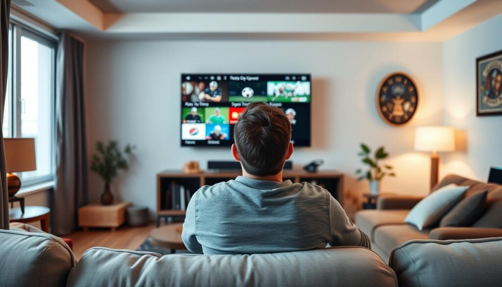 Generate an image of a person enjoying sports on TV with a variety of channels on the screen. Generate an image of a person enjoying sports on TV with a variety of channels on the screen.