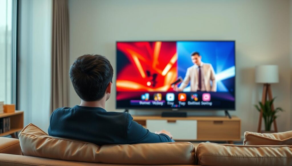 Generate an image of a person enjoying their favorite TV show in 8K resolution on a large screen. Generate an image of a person enjoying their favorite TV show in 8K resolution on a large screen.
