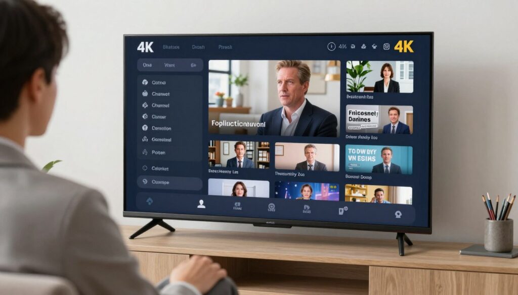 Generate an image of a person enjoying their favorite TV show on a 4K TV with a vast channel list on the screen. Generate an image of a person enjoying their favorite TV show on a 4K TV with a vast channel list on the screen.