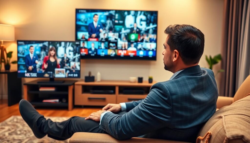 Generate an image of a person enjoying their favorite TV show on a 4K TV with multiple screens showing different channels. Generate an image of a person enjoying their favorite TV show on a 4K TV with multiple screens showing different channels.