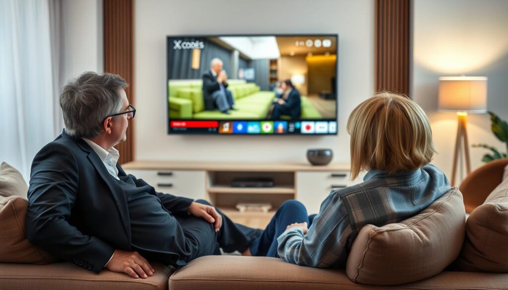 Generate an image of a person enjoying their favorite TV show on a 4K UHD TV using XCodes IPTV Generate an image of a person enjoying their favorite TV show on a 4K UHD TV using XCodes IPTV