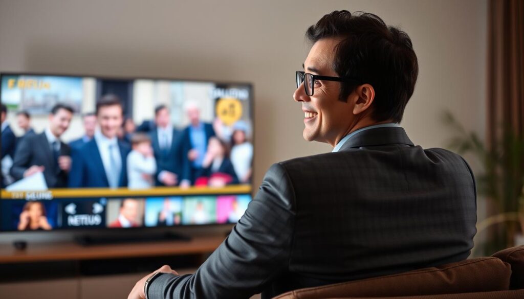 Generate an image of a person enjoying their favorite TV show on a large screen with a satisfied expression, symbolizing a high-quality streaming experience. Generate an image of a person enjoying their favorite TV show on a large screen with a satisfied expression, symbolizing a high-quality streaming experience.