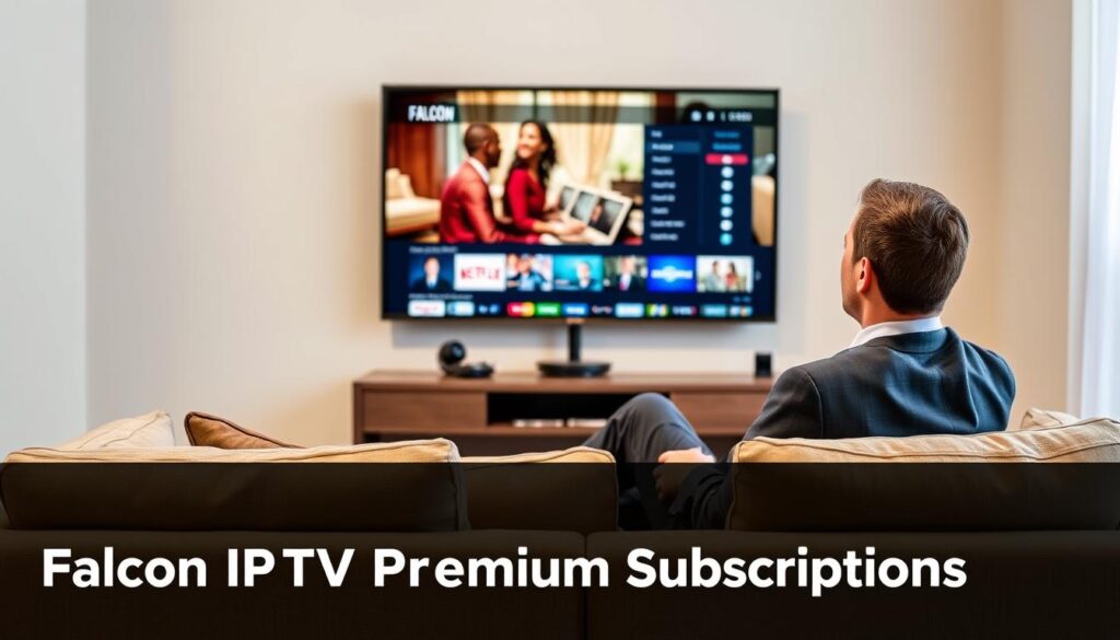 Generate an image of a person enjoying their favorite TV show on a large screen with a caption "Falcon IPTV Premium Subscriptions" Generate an image of a person enjoying their favorite TV show on a large screen with a caption "Falcon IPTV Premium Subscriptions"