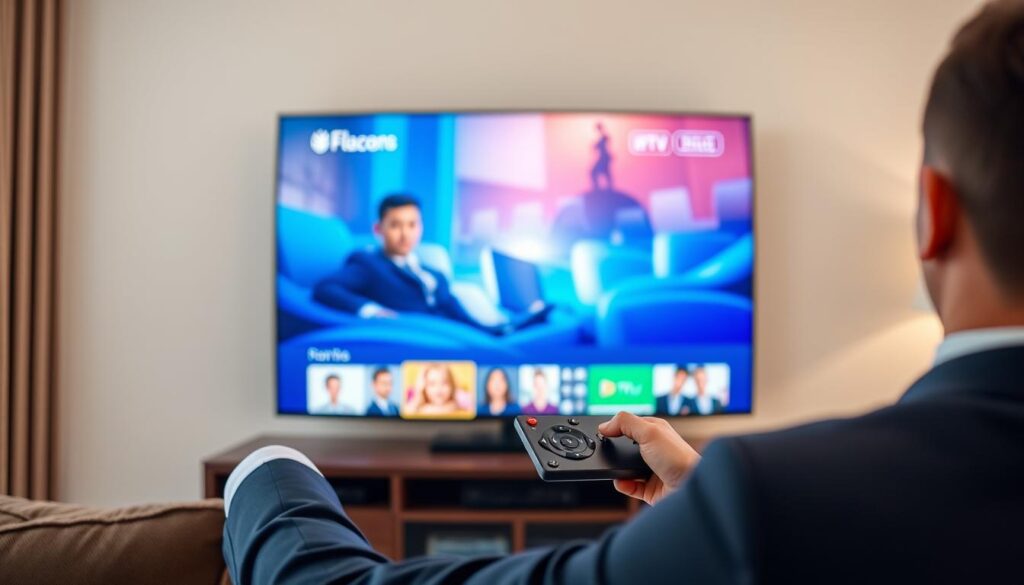 Generate an image of a person enjoying their favorite TV show on a large screen with a sleek remote control in hand, symbolizing the ultimate IPTV experience. Generate an image of a person enjoying their favorite TV show on a large screen with a sleek remote control in hand, symbolizing the ultimate IPTV experience.