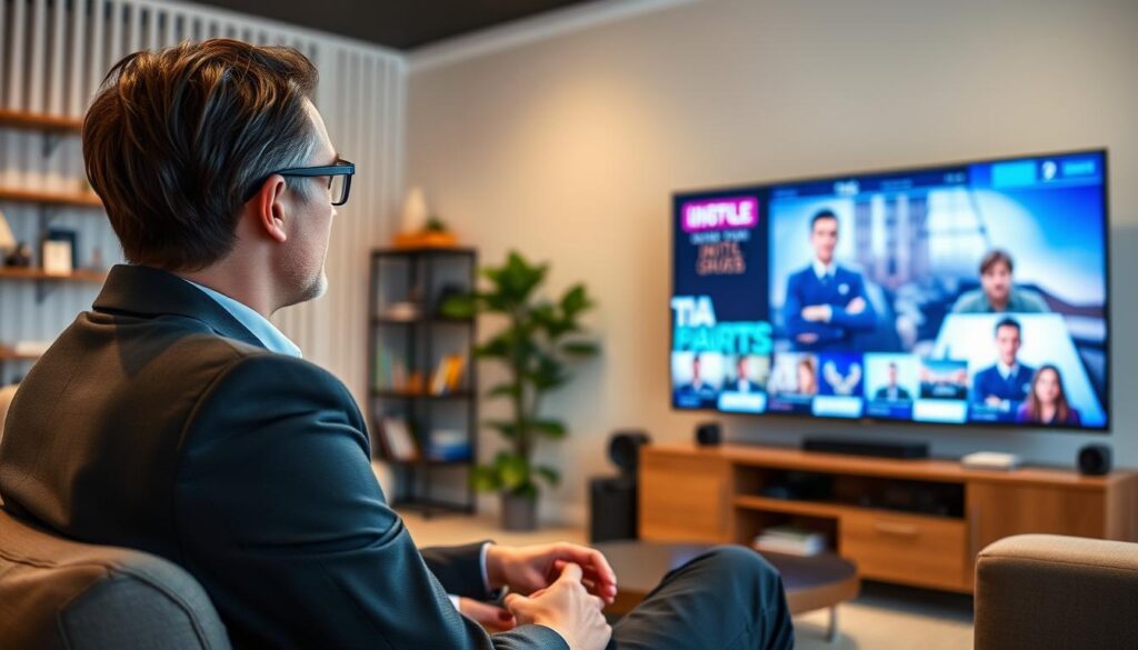 Generate an image of a person enjoying their favorite TV show on a large screen with a stable internet connection in the background. Generate an image of a person enjoying their favorite TV show on a large screen with a stable internet connection in the background.