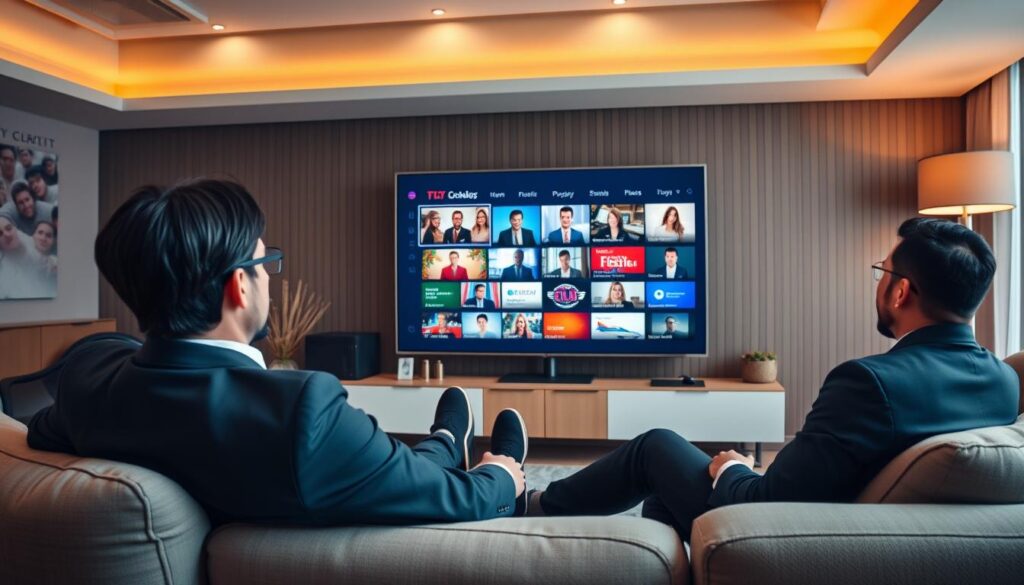 Generate an image of a person enjoying their favorite TV show on a large screen with multiple channels displayed Generate an image of a person enjoying their favorite TV show on a large screen with multiple channels displayed