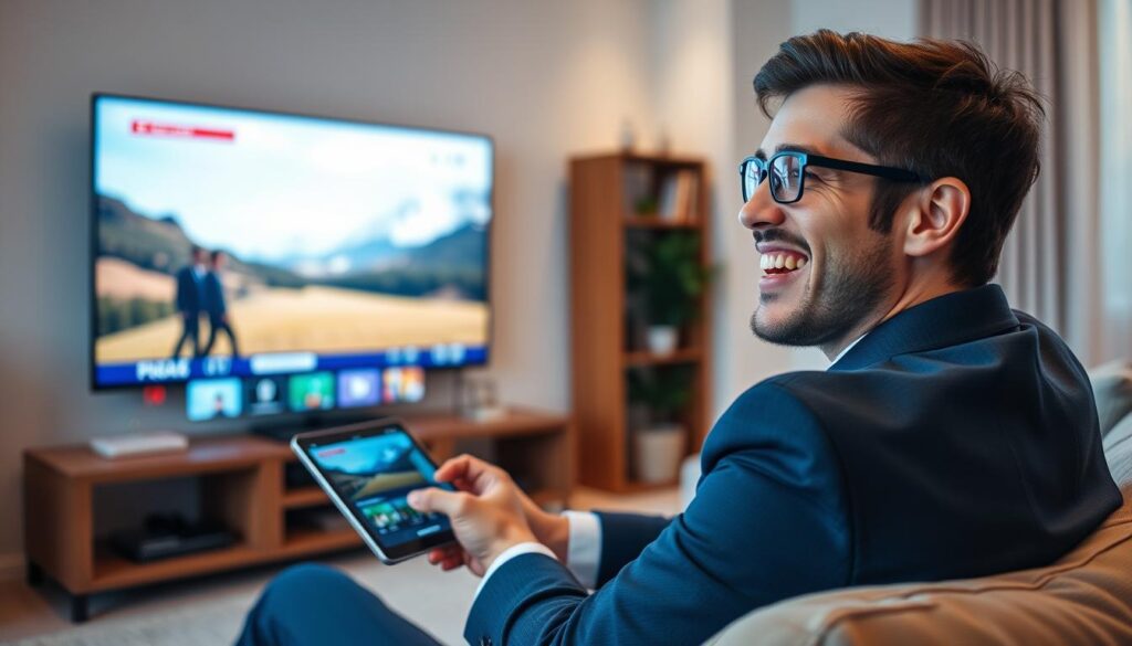 Generate an image of a person enjoying their favorite TV show on a large screen with multiple devices connected Generate an image of a person enjoying their favorite TV show on a large screen with multiple devices connected