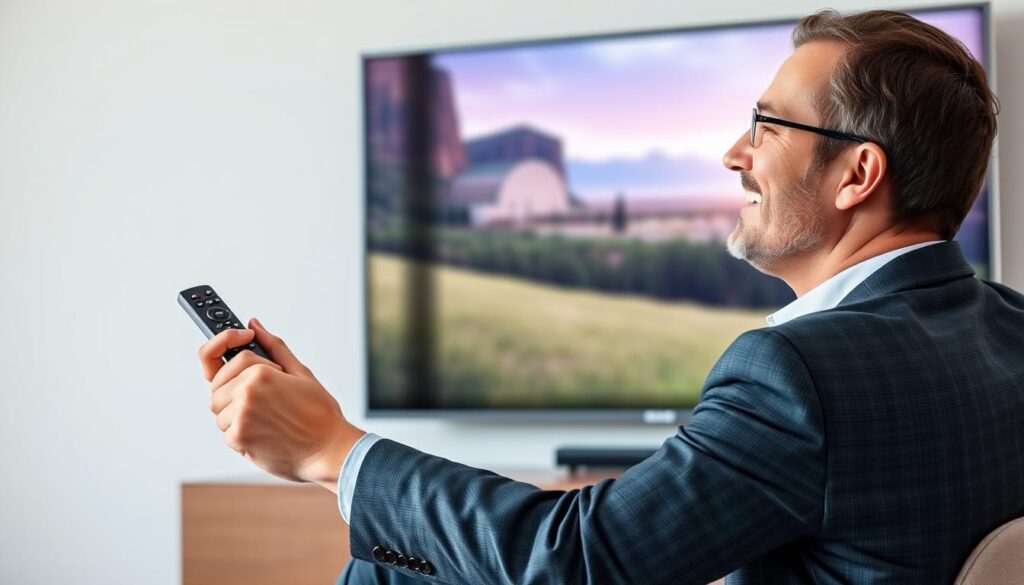 Generate an image of a person enjoying their favorite TV show on a sleek, modern TV, with a remote control in hand and a satisfied expression. Generate an image of a person enjoying their favorite TV show on a sleek, modern TV, with a remote control in hand and a satisfied expression.
