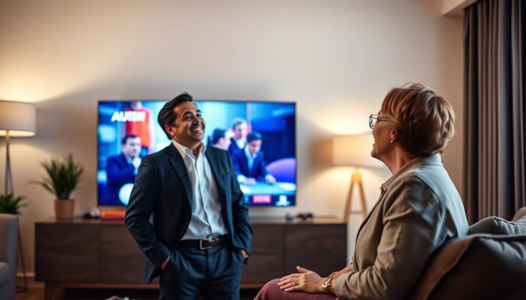 Generate an image of a person enjoying their favorite TV show on a smart TV Generate an image of a person enjoying their favorite TV show on a smart TV