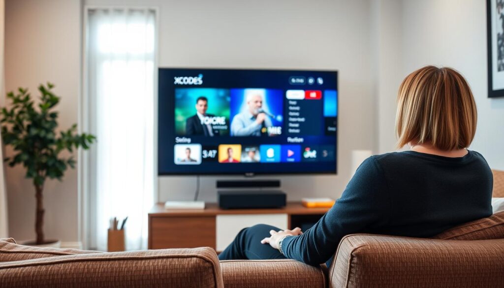 Generate an image of a person enjoying their favorite TV show on a smart TV using XCodes IPTV. Generate an image of a person enjoying their favorite TV show on a smart TV using XCodes IPTV.