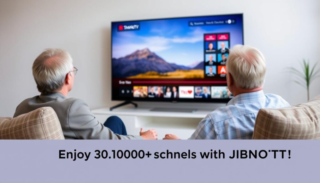 Generate an image of a person enjoying their favorite TV show on a smart TV with a caption "Enjoy 30,000+ channels with JBNOTT" Generate an image of a person enjoying their favorite TV show on a smart TV with a caption "Enjoy 30,000+ channels with JBNOTT"