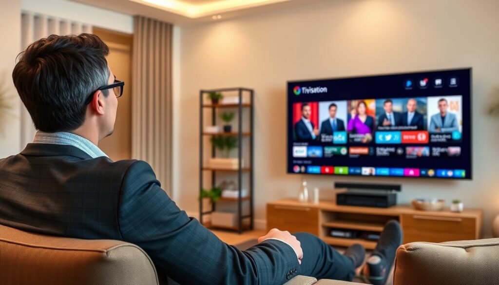 Generate an image of a person enjoying their favorite TV show on a smart TV with a caption "TiVistation: Ultimate Entertainment Experience" Generate an image of a person enjoying their favorite TV show on a smart TV with a caption "TiVistation: Ultimate Entertainment Experience"