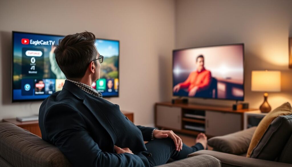 Generate an image of a person enjoying their favorite TV show on a smart TV with an EagleCast TV interface. Generate an image of a person enjoying their favorite TV show on a smart TV with an EagleCast TV interface.