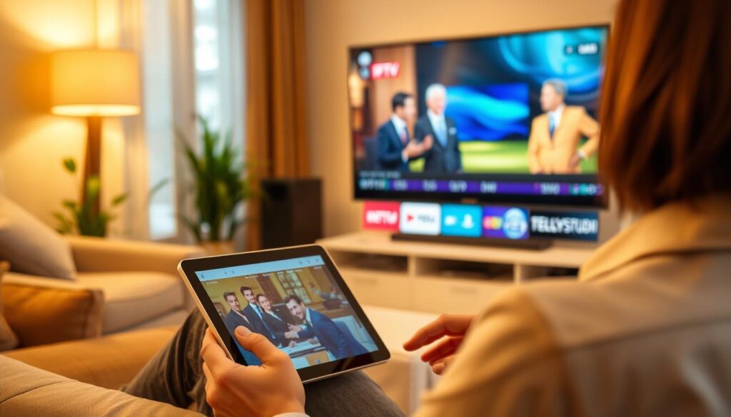 Generate an image of a person enjoying their favorite TV show on a tablet using the Tellystudio IPTV service. Generate an image of a person enjoying their favorite TV show on a tablet using the Tellystudio IPTV service.