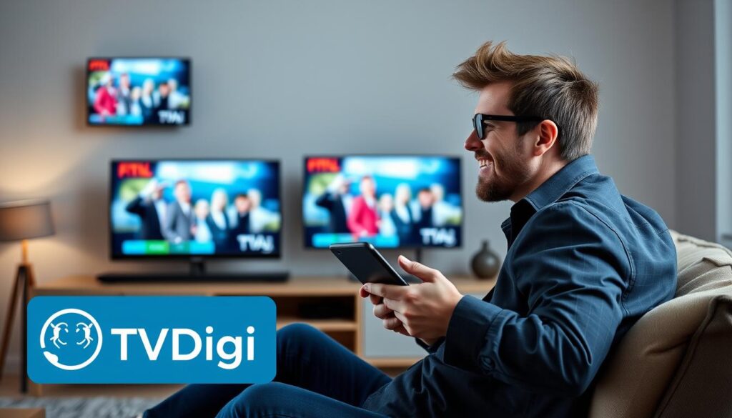 Generate an image of a person enjoying their favorite TV show on multiple devices with IPTVDigi logo in the corner. Generate an image of a person enjoying their favorite TV show on multiple devices with IPTVDigi logo in the corner.