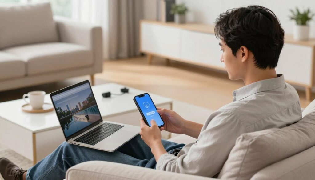 Generate an image of a person enjoying their favorite TV show on multiple devices with a stable internet connection. Generate an image of a person enjoying their favorite TV show on multiple devices with a stable internet connection.