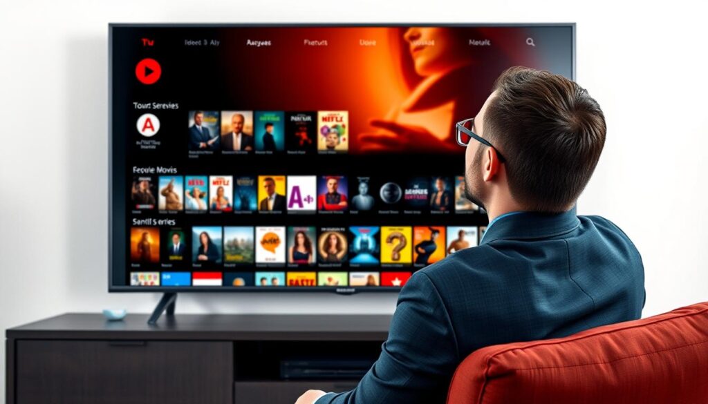 Generate an image of a person enjoying their favorite movie on a big screen TV with a vast library of movies and series displayed on the screen. Generate an image of a person enjoying their favorite movie on a big screen TV with a vast library of movies and series displayed on the screen.