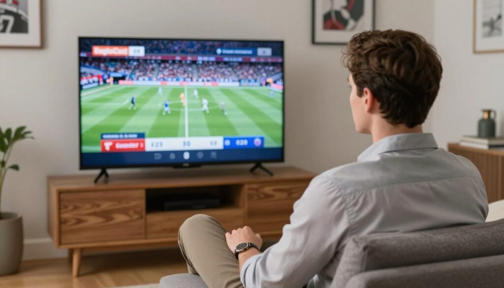 Generate an image of a person enjoying their favorite sports channel on EagleCast TV. Generate an image of a person enjoying their favorite sports channel on EagleCast TV.