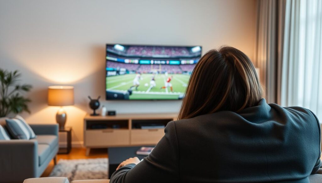 Generate an image of a person enjoying their favorite sports channel on IPTV. Generate an image of a person enjoying their favorite sports channel on IPTV.