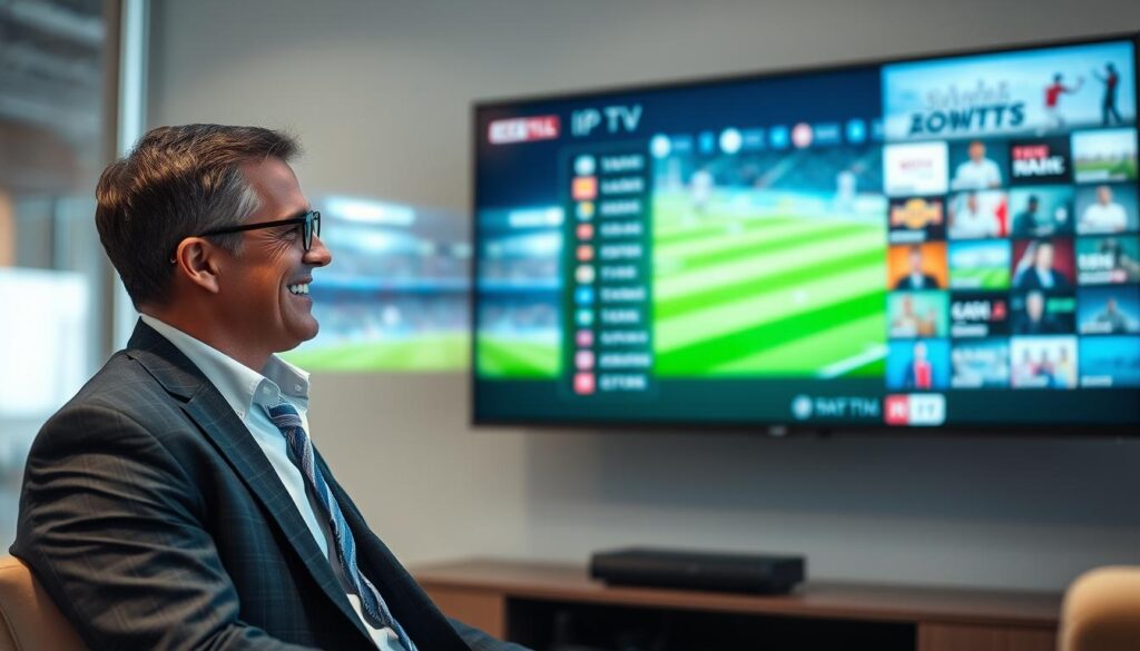 Generate an image of a person enjoying their favorite sports channel on IPTV with a vast channel list on the screen. Generate an image of a person enjoying their favorite sports channel on IPTV with a vast channel list on the screen.