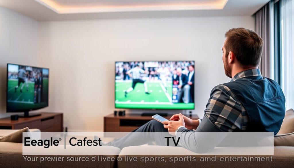 Generate an image of a person enjoying their favorite sports channel on a large screen TV, with a caption "EagleCast TV: Your premier source for live sports and entertainment" Generate an image of a person enjoying their favorite sports channel on a large screen TV, with a caption "EagleCast TV: Your premier source for live sports and entertainment"