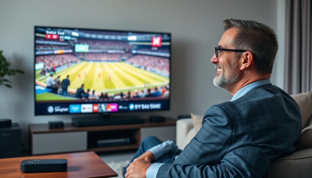 Generate an image of a person enjoying their favorite sports event on a 4K TV with a satisfied expression, surrounded by modern streaming devices. Generate an image of a person enjoying their favorite sports event on a 4K TV with a satisfied expression, surrounded by modern streaming devices.