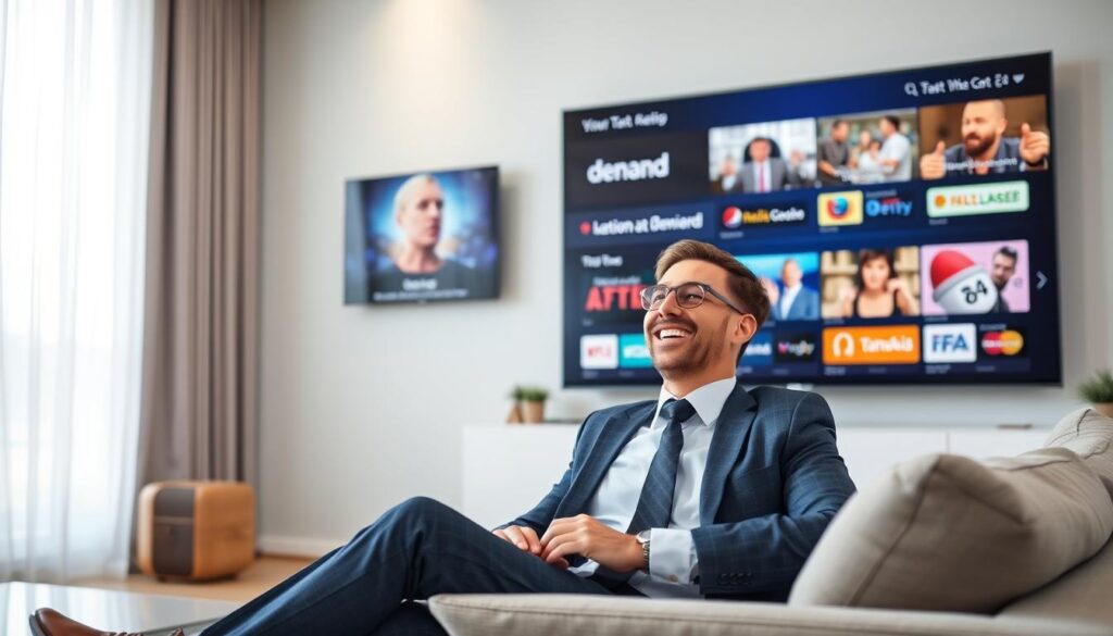 Generate an image of a person enjoying various TV channels and on-demand content on a big screen TV. Generate an image of a person enjoying various TV channels and on-demand content on a big screen TV.