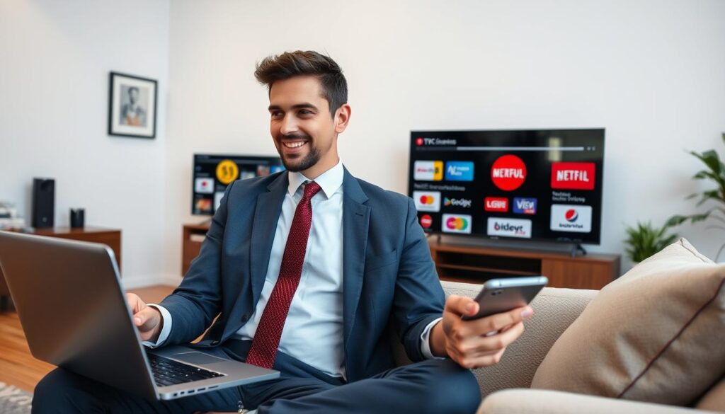 Generate an image of a person enjoying various international TV channels on multiple devices. Generate an image of a person enjoying various international TV channels on multiple devices.
