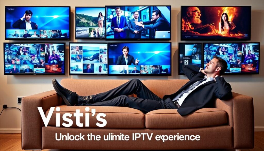 Generate an image of a person relaxing on a couch, surrounded by multiple screens displaying different content, captioned "TiVistation: Unlock the ultimate IPTV experience" Generate an image of a person relaxing on a couch, surrounded by multiple screens displaying different content, captioned "TiVistation: Unlock the ultimate IPTV experience"