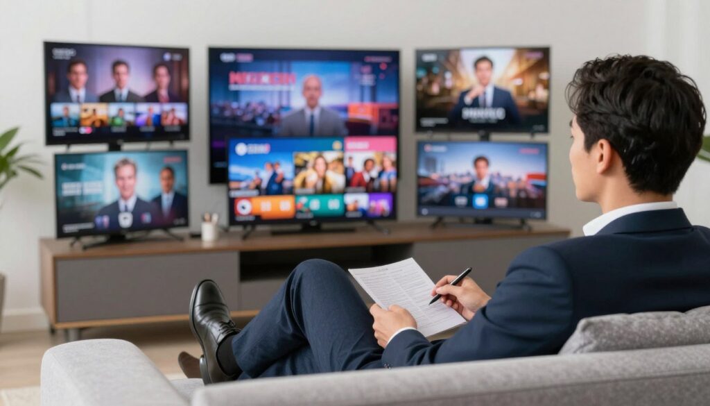 Generate an image of a person relaxing on a couch, watching TV on multiple devices with different international channels. Generate an image of a person relaxing on a couch, watching TV on multiple devices with different international channels.