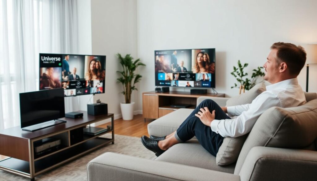Generate an image of a person relaxing on a couch, watching TV with multiple devices connected to Universe IPTV. Generate an image of a person relaxing on a couch, watching TV with multiple devices connected to Universe IPTV.