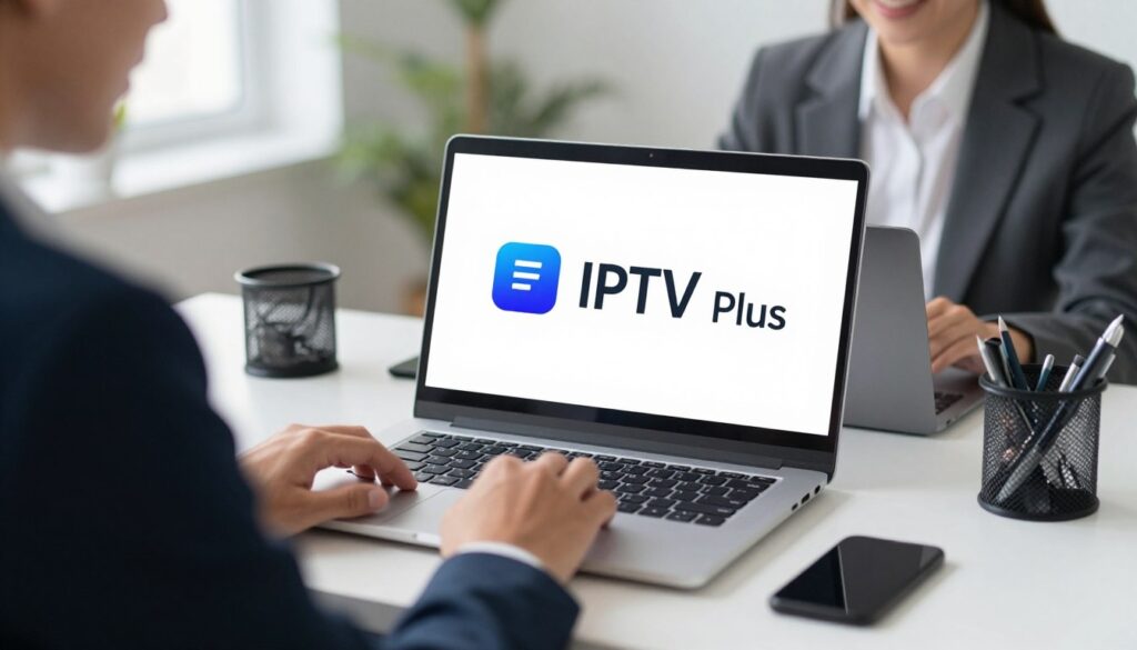 Generate an image of a person setting up IPTV Stream Plus on their device Generate an image of a person setting up IPTV Stream Plus on their device