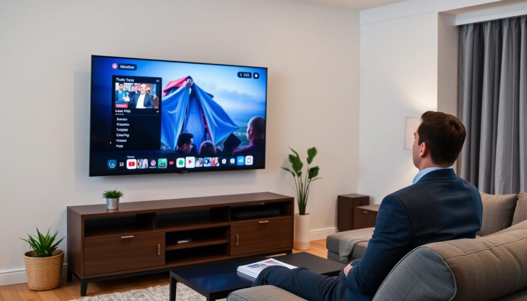 Generate an image of a person setting up IPTV on their TV Generate an image of a person setting up IPTV on their TV