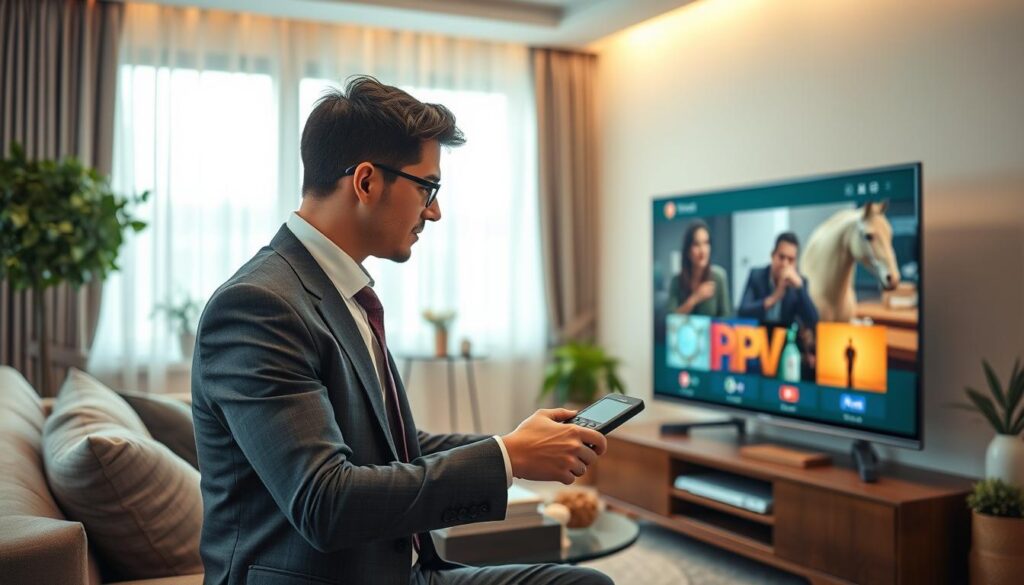 Generate an image of a person setting up IPTV on their TV Generate an image of a person setting up IPTV on their TV