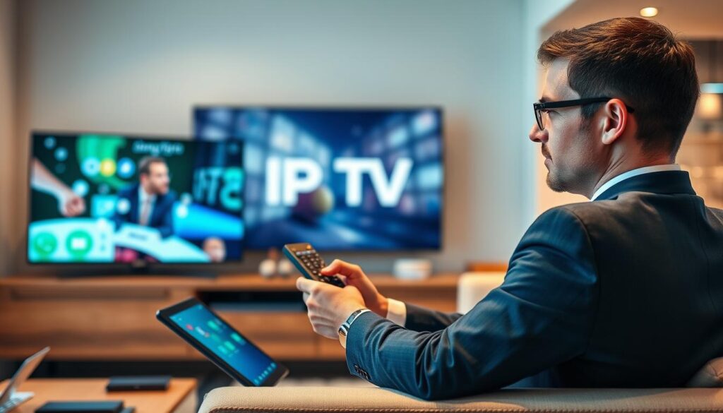 Generate an image of a person setting up IPTV on their device Generate an image of a person setting up IPTV on their device