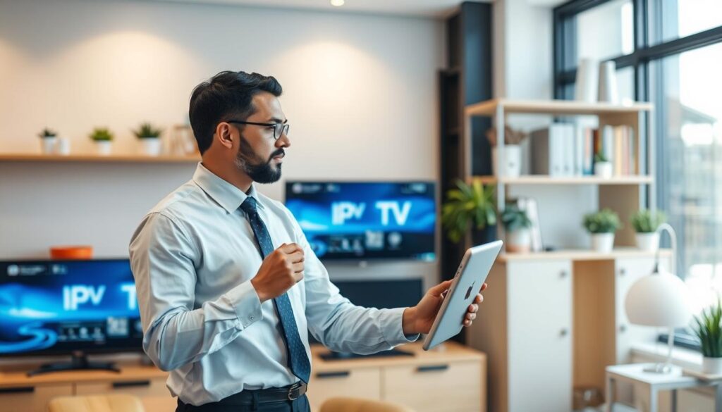 Generate an image of a person setting up IPTV.LLC on their device Generate an image of a person setting up IPTV.LLC on their device