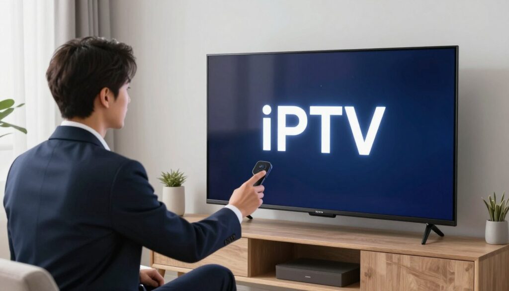 Generate an image of a person setting up an IPTV service on their TV Generate an image of a person setting up an IPTV service on their TV