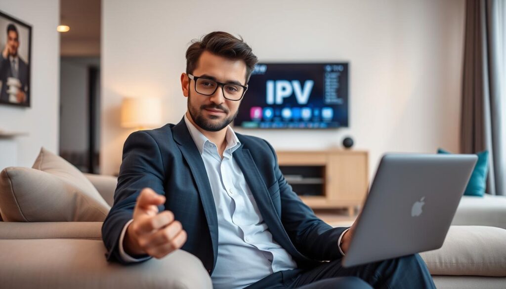 Generate an image of a person setting up an IPTV service on their device Generate an image of a person setting up an IPTV service on their device