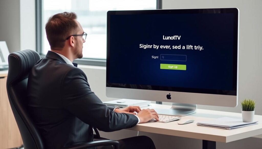 Generate an image of a person signing up for LunoTV IPTV's free trial on their computer Generate an image of a person signing up for LunoTV IPTV's free trial on their computer