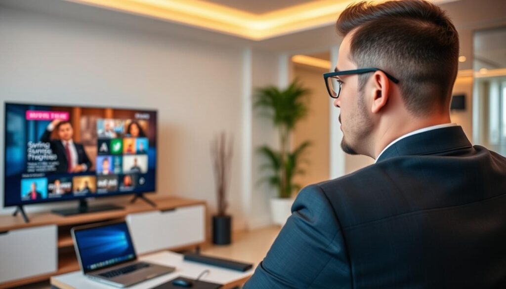 Generate an image of a person streaming IPTV content on a smart TV while using a VPN on their router. Generate an image of a person streaming IPTV content on a smart TV while using a VPN on their router.