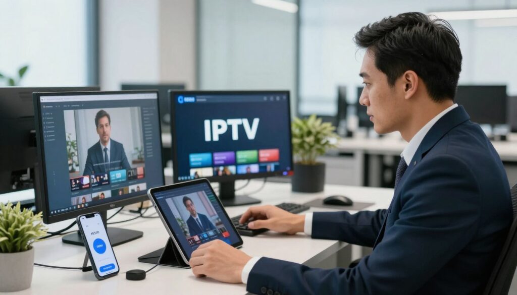 Generate an image of a person streaming IPTV content on multiple devices with a Surfshark VPN connection Generate an image of a person streaming IPTV content on multiple devices with a Surfshark VPN connection