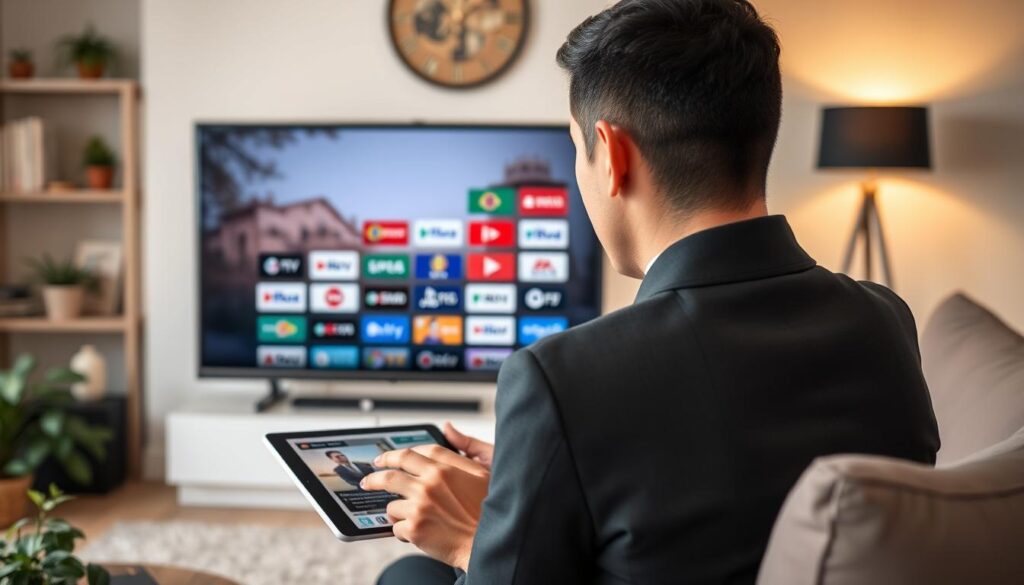 Generate an image of a person streaming Portuguese TV channels on a device. Generate an image of a person streaming Portuguese TV channels on a device.