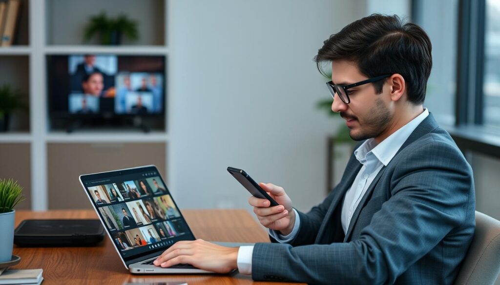 Generate an image of a person streaming content on multiple devices using StreamVision Pro Generate an image of a person streaming content on multiple devices using StreamVision Pro