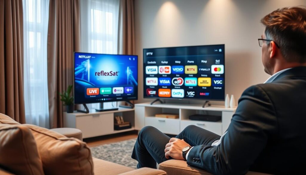 Generate an image of a person streaming international channels on their TV using ReflexSat IPTV Generate an image of a person streaming international channels on their TV using ReflexSat IPTV