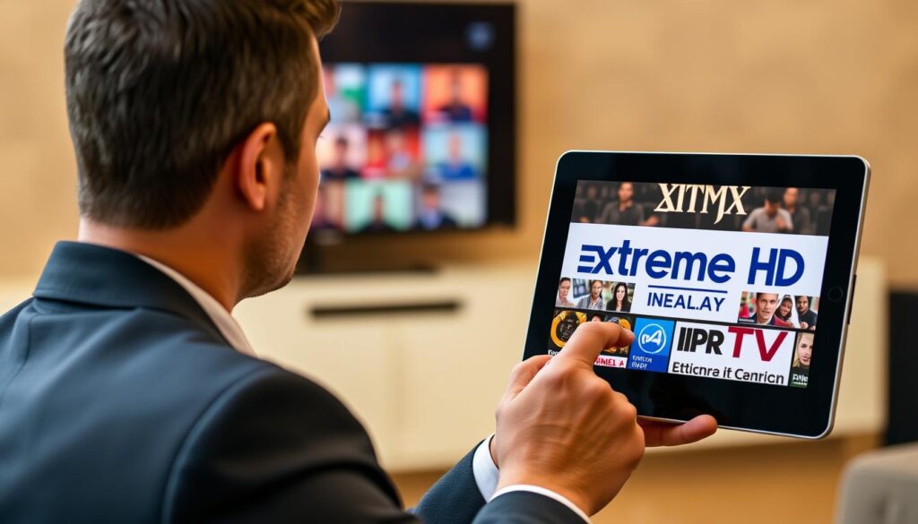 Generate an image of a person streaming their favorite TV show on a device with the Extreme HD IPTV logo on the screen. Generate an image of a person streaming their favorite TV show on a device with the Extreme HD IPTV logo on the screen.