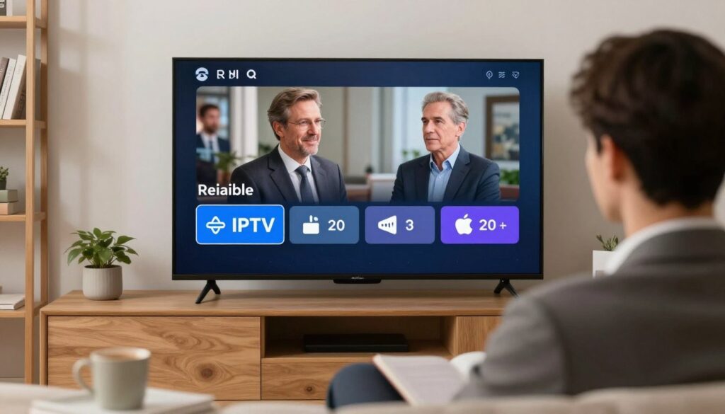 Generate an image of a person streaming their favorite TV show on a smart TV using a professional IPTV service. Generate an image of a person streaming their favorite TV show on a smart TV using a professional IPTV service.