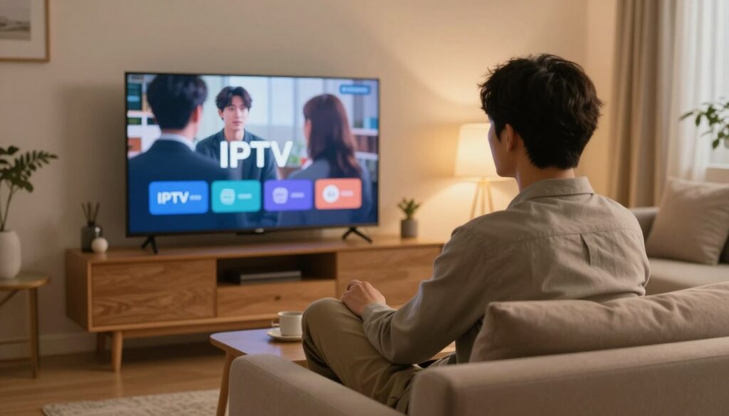Generate an image of a person streaming their favorite TV show on a smart TV using an IPTV service. Generate an image of a person streaming their favorite TV show on a smart TV using an IPTV service.