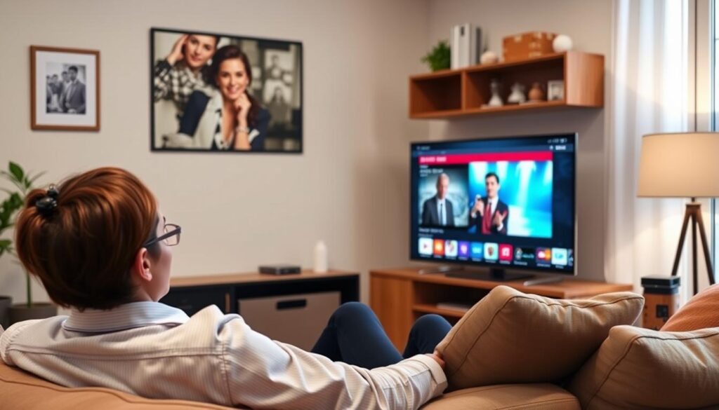 Generate an image of a person streaming their favorite TV show on a smart TV with a stable and high-quality connection. Generate an image of a person streaming their favorite TV show on a smart TV with a stable and high-quality connection.