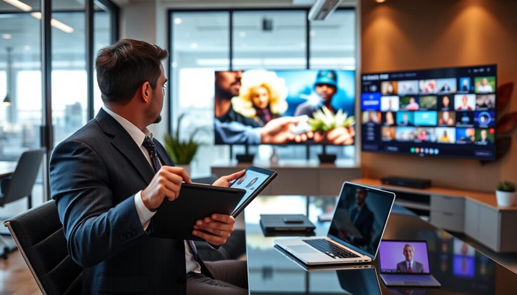 Generate an image of a person testing IPTV services on multiple devices Generate an image of a person testing IPTV services on multiple devices