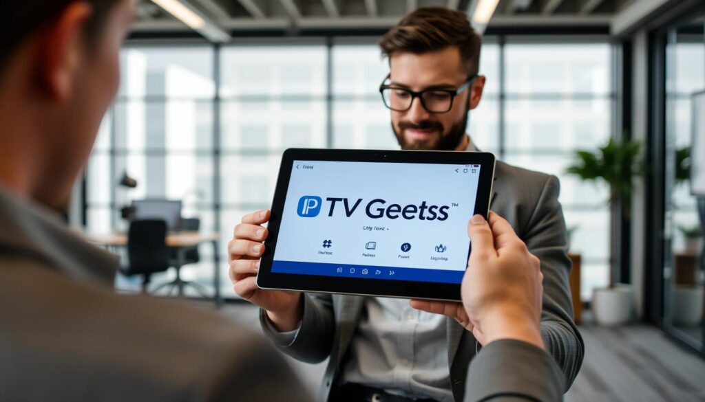 Generate an image of a person using IPTV Geeks on a tablet Generate an image of a person using IPTV Geeks on a tablet